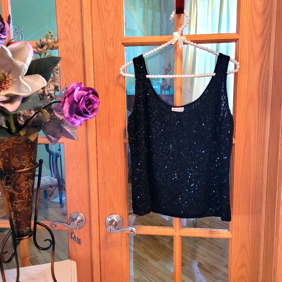 Sequin Silk Cashmere Black Sweater Tank Top Blouse